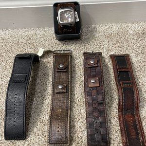 Fossil Steel Crystal Brown Watch JR-9156 w/ 5 Leather Bands & New Battery